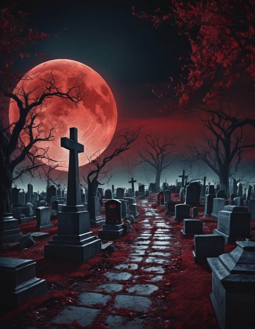 haunted, cemetery, blood red moon, spooky, night, undead, gothic, underground, dark