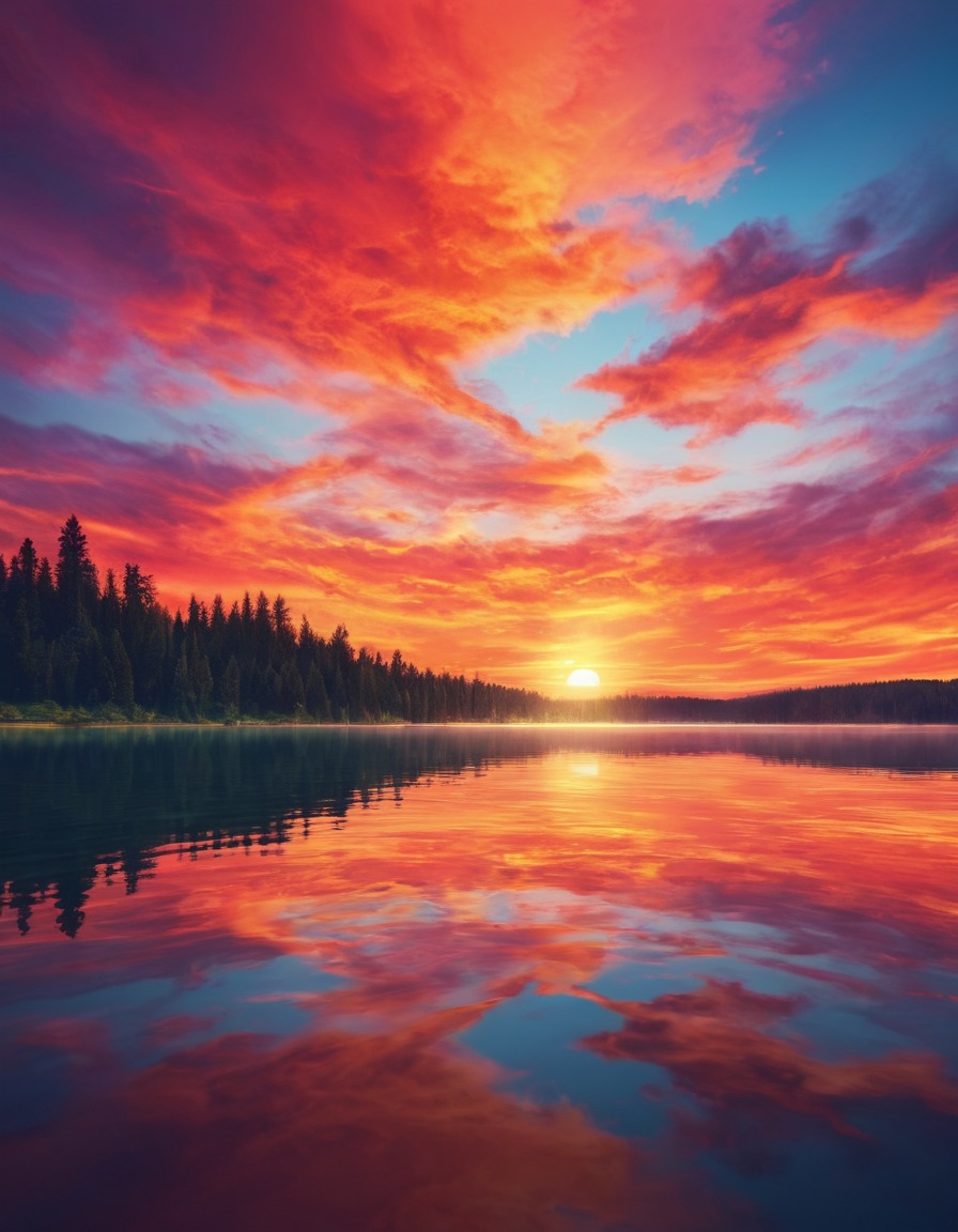 nature, sunset, lake, reflection, colorful.