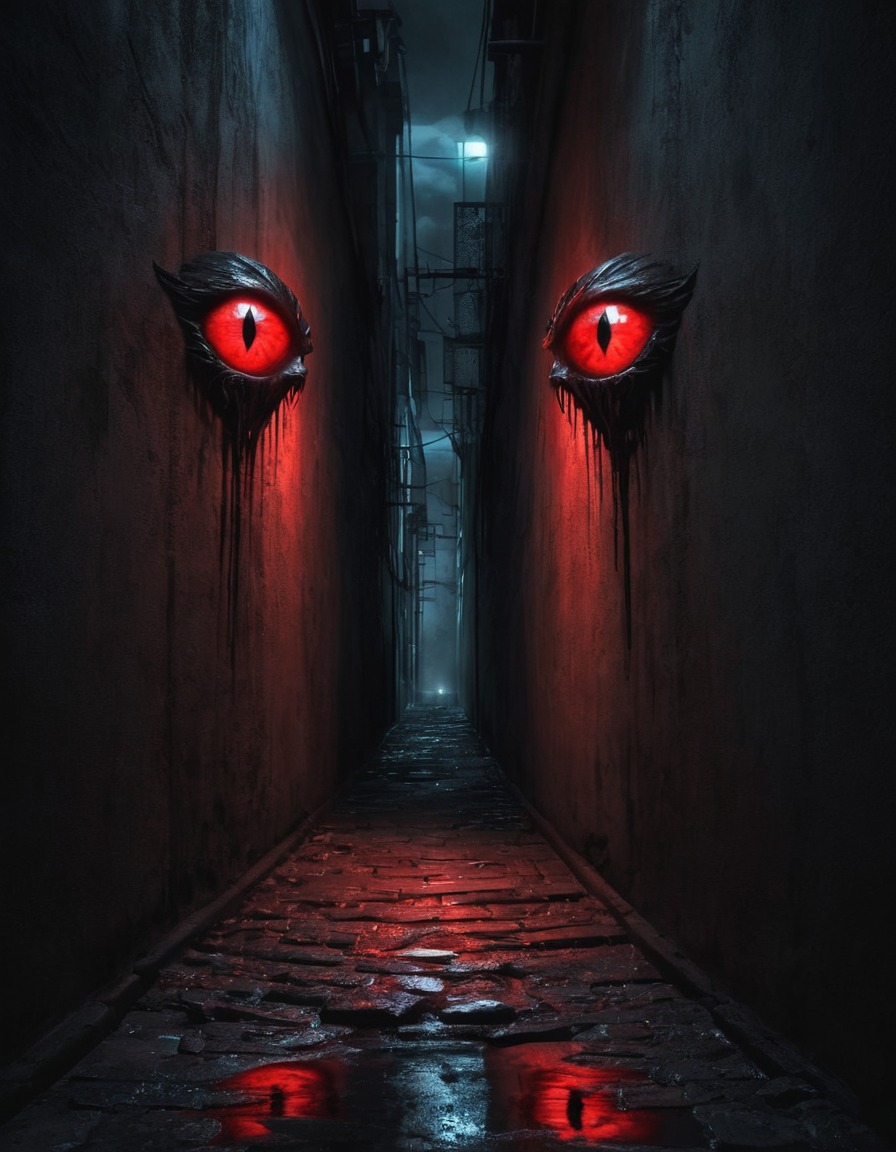 alleyway, eyes, glowing, darkness, mystery, gothic, underground, dark