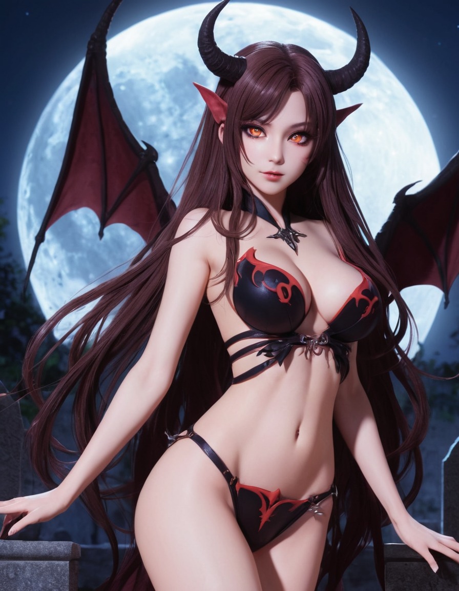 succubus, long hair, glowing eyes, moonlit, graveyard, fantasy, supernatural