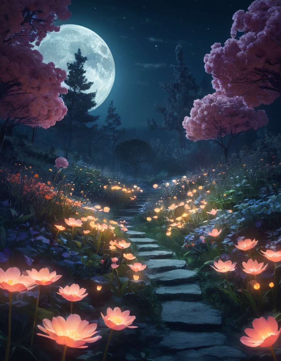 fantasy, magical, garden, flowers, moonlight, fantastic