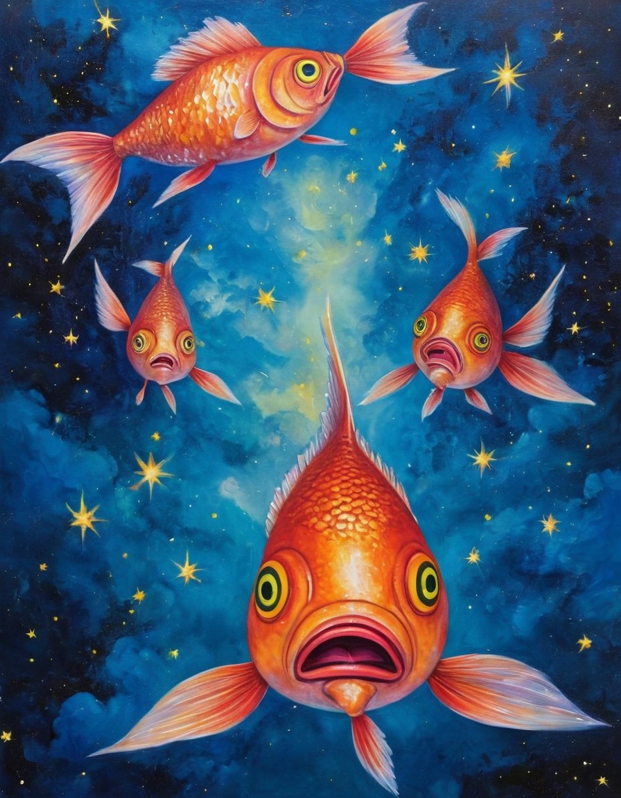 fish, swimming, sky, stars, surrealism, surreal