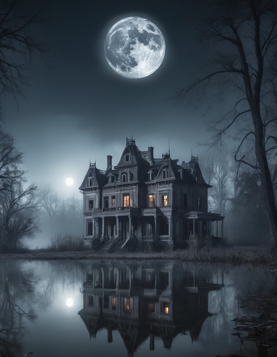 abandoned mansion, misty lake, boarded-up windows, full moon, eerie mood, gothic, underground, dark