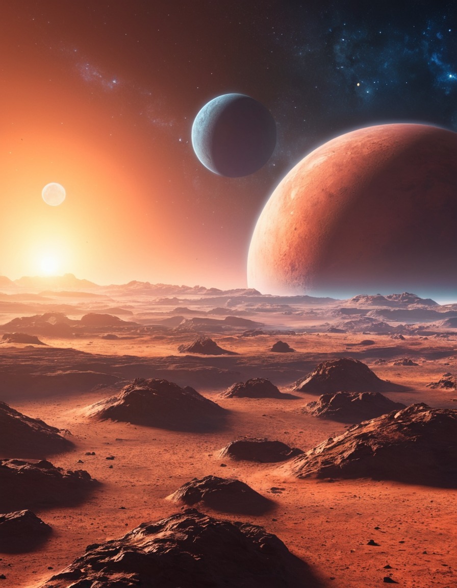 sunrise, distant planet, multiple moons, space scene