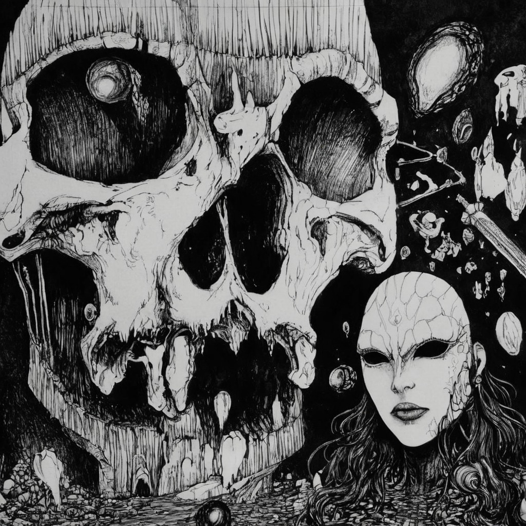 art, illustration, drawing, dark art, horror, fantasy, surreal, macabre, skull