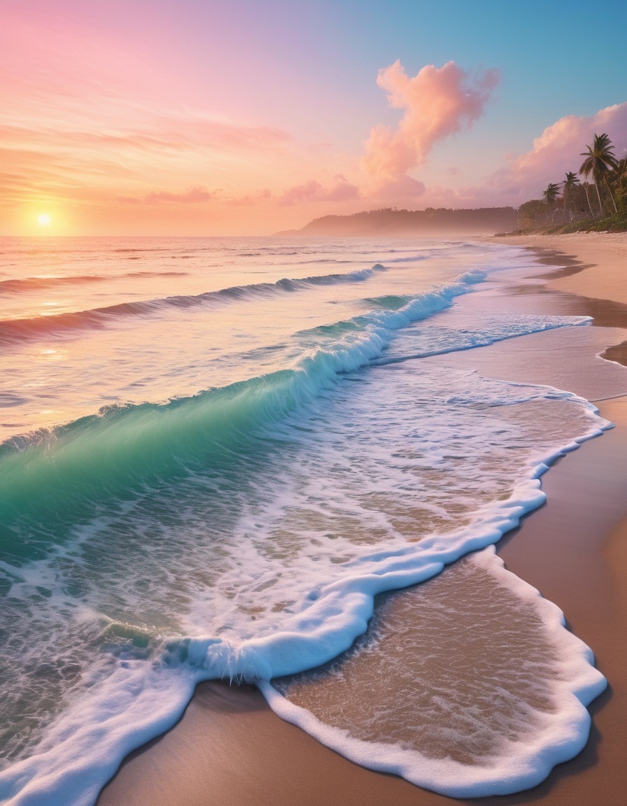 beach, sunrise, pastel colors, waves, tranquil, nature