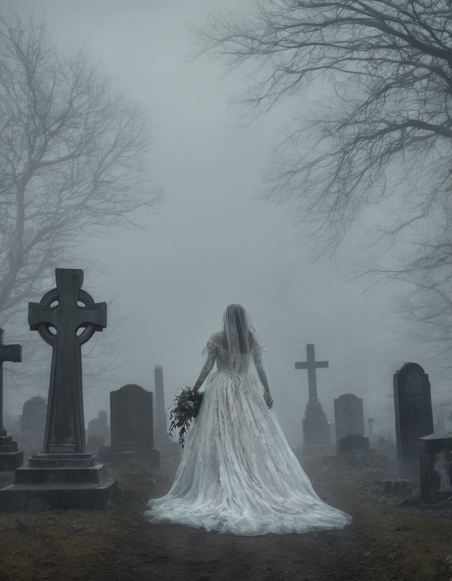 graveyard, wedding gown, fog, figure, tattered, spooky, gothic, underground, dark