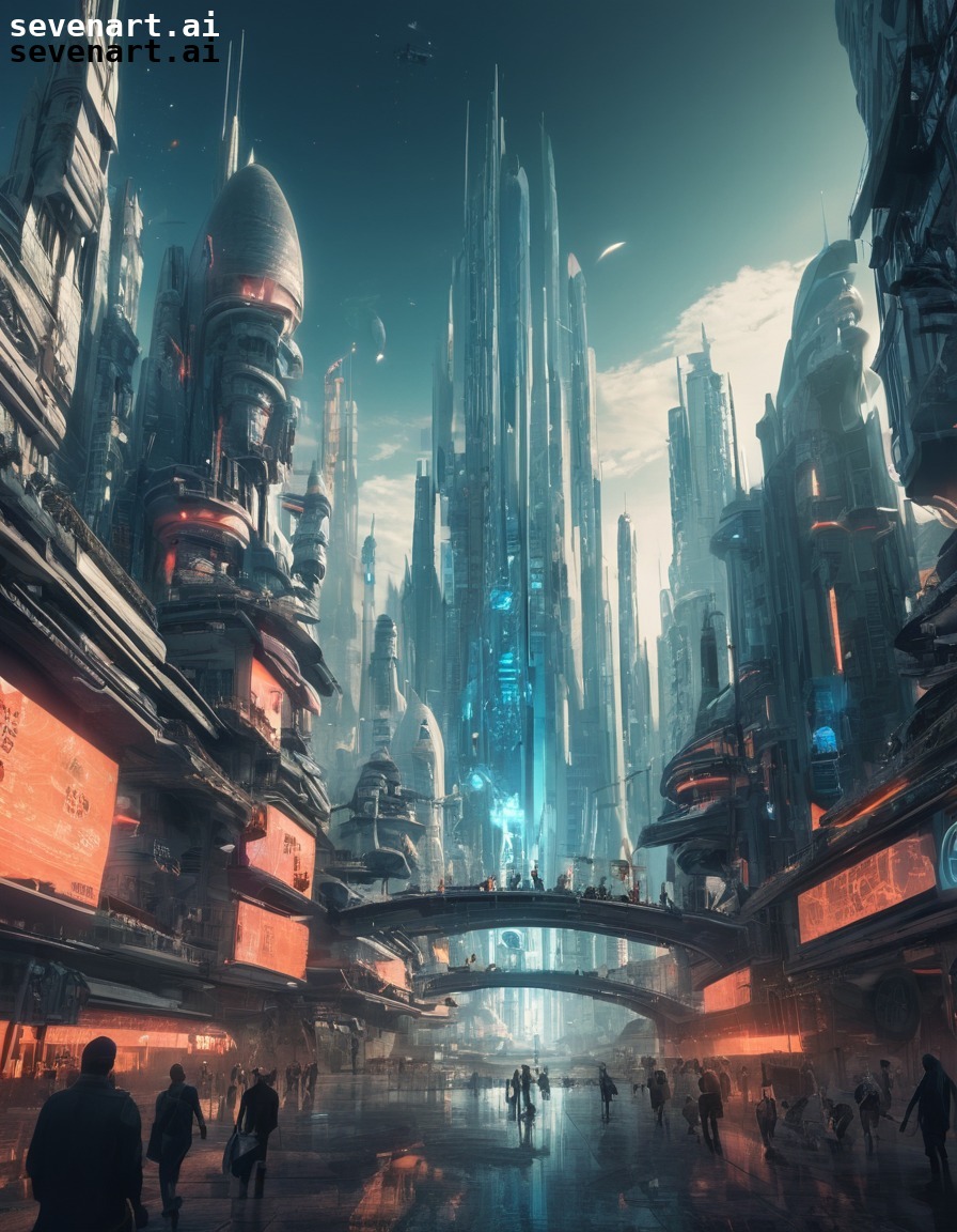 futuristic, cityscape, imaginary beings, extraordinary abilities, sci-fi