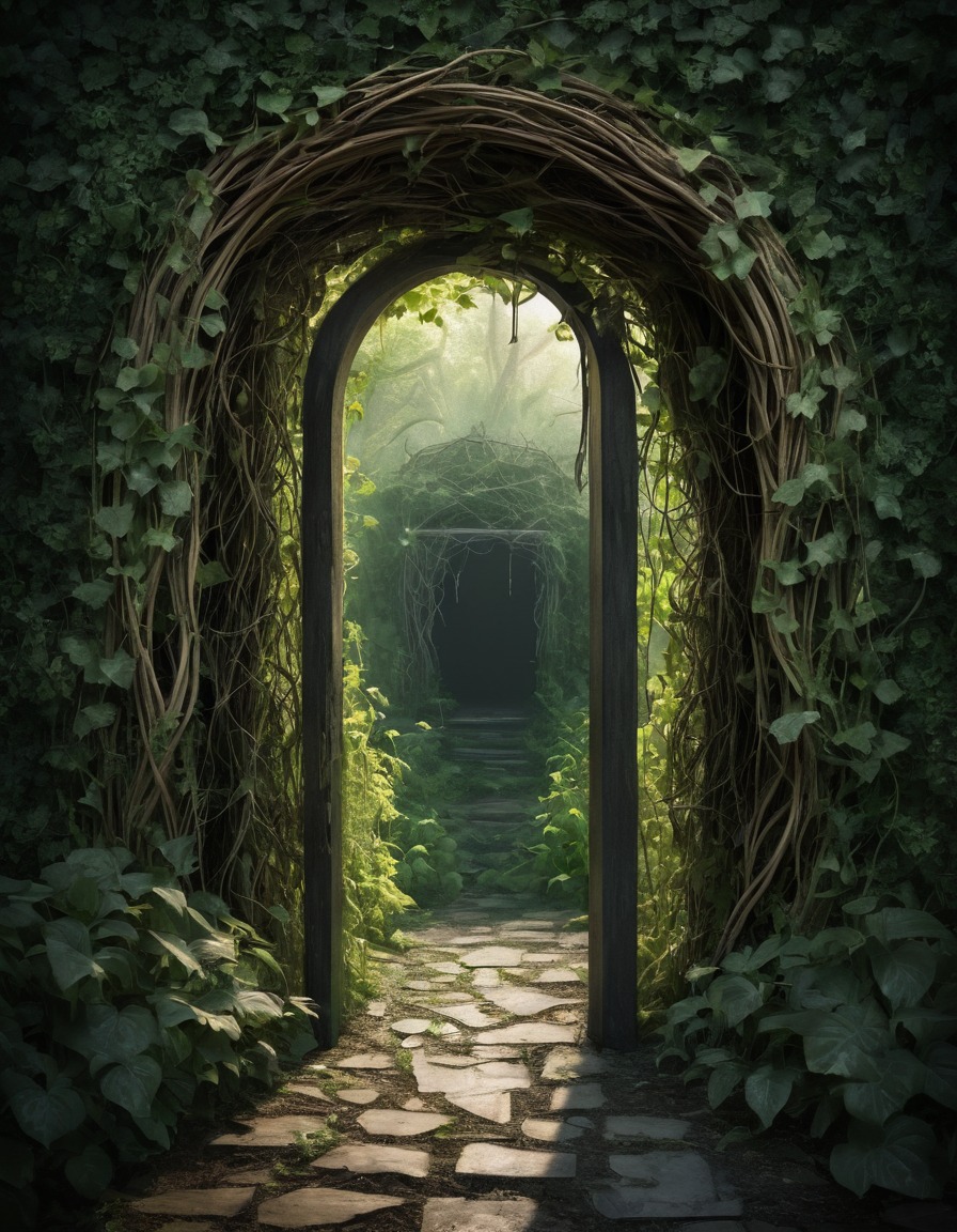 mystical garden, doorway, vines, magical, enchanted, nature, fantasy