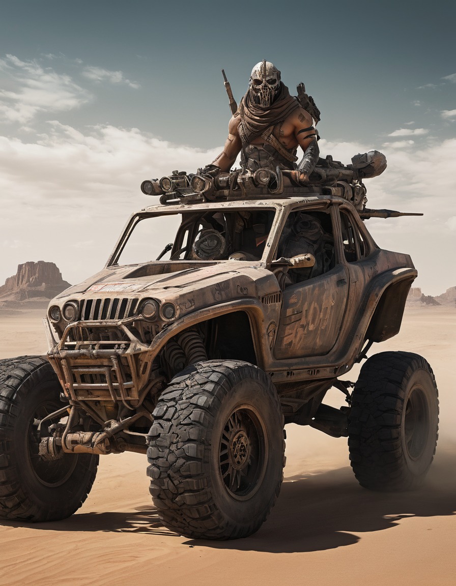 post-apocalyptic, desert warrior, customized vehicle, fierce, wasteland, mad max