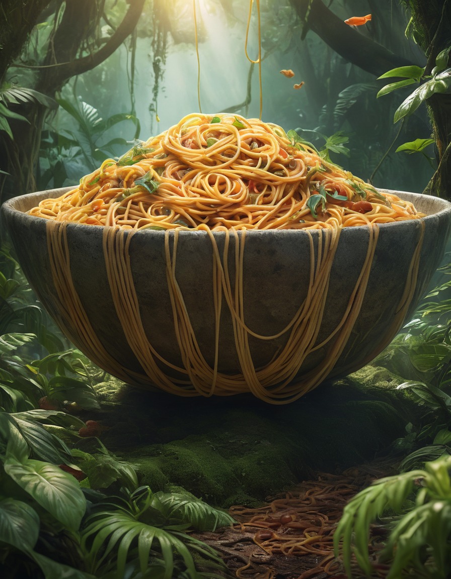 giant bowl, spaghetti, jungle, strange, food sculpture, wilderness, mystery