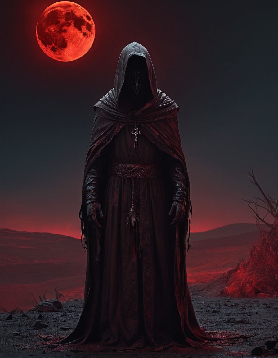 dark, ritual, ominous, hooded figure, blood-red moon, lovecraft, howard lovecraft