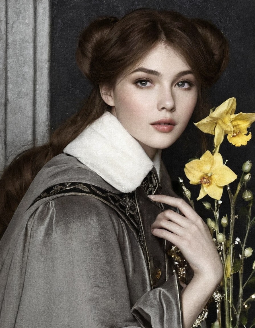 paintings, art, artwork, genre painting, female portrait, oskar zwintscher, fine art, german artist, portrait of a woman, flowers, daffodils, yellow flower, gray, grey, clothing, clothes, early 1900s, early 20th century, jewelry, jewellery, pale, eyes