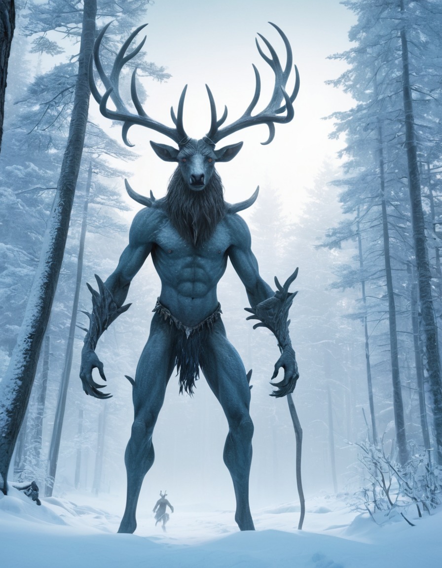 winter, landscape, mythical creature, wendigo, snowy forest