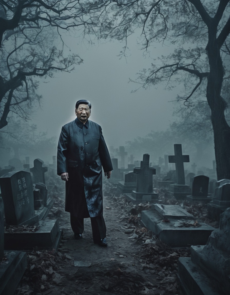 xi jinping, china, zombie, cemetery, dark, foggy, rising, politics