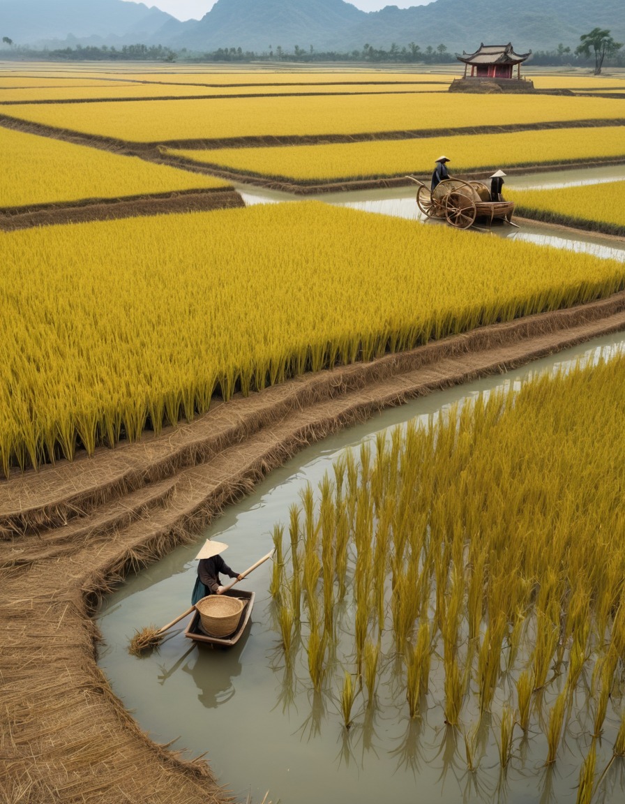 ancient agriculture, rice cultivation, flooded fields, harvesting techniques, ancient china, 700 ad, agricultural history