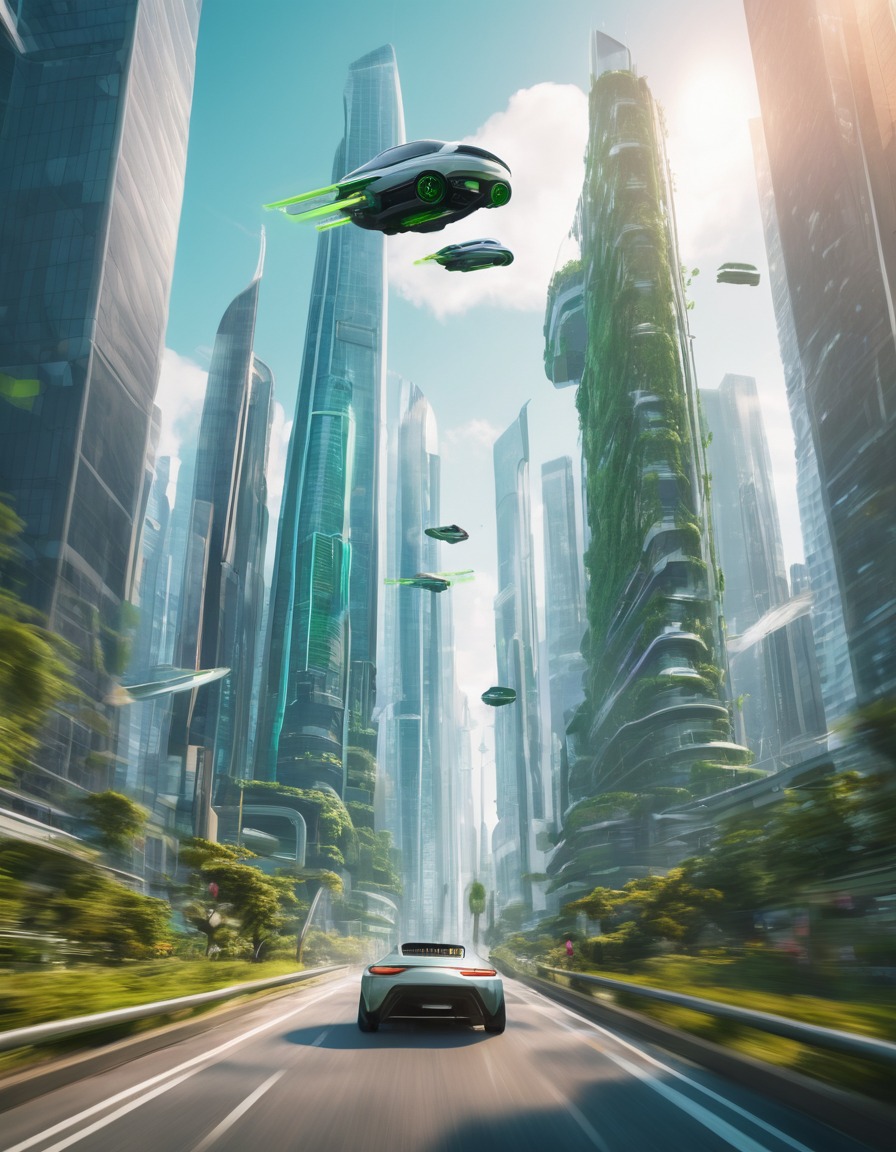 futuristic, cityscape, flying cars, skyscrapers, urban green spaces, modern city, city