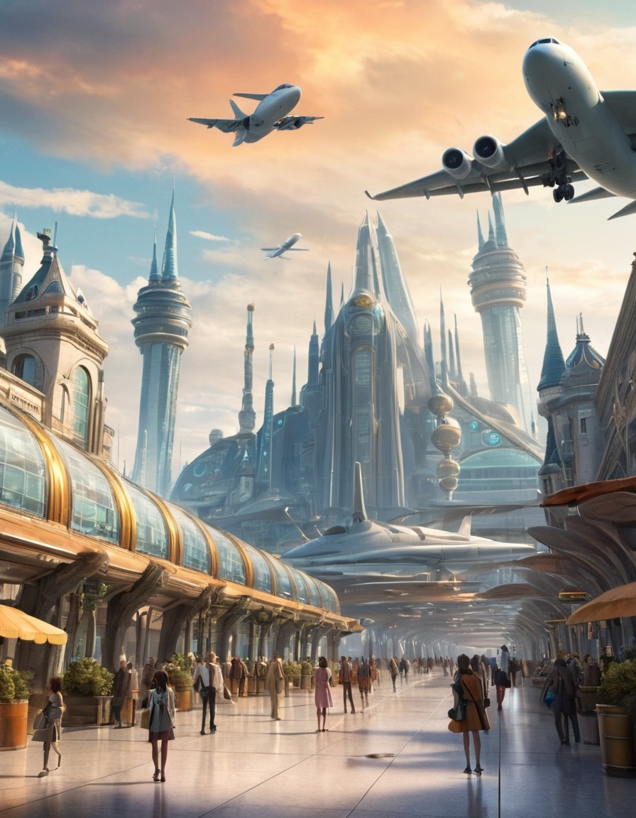 airport, fantasy, magical creatures, fictional city, enchanted beings, metropolis, magic