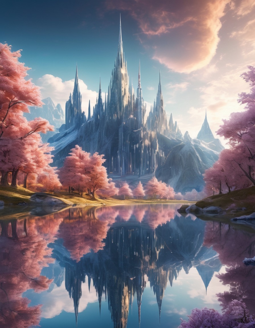 mirrored lake, city, crystal spires, reflection, fantasy, scenic view, serene