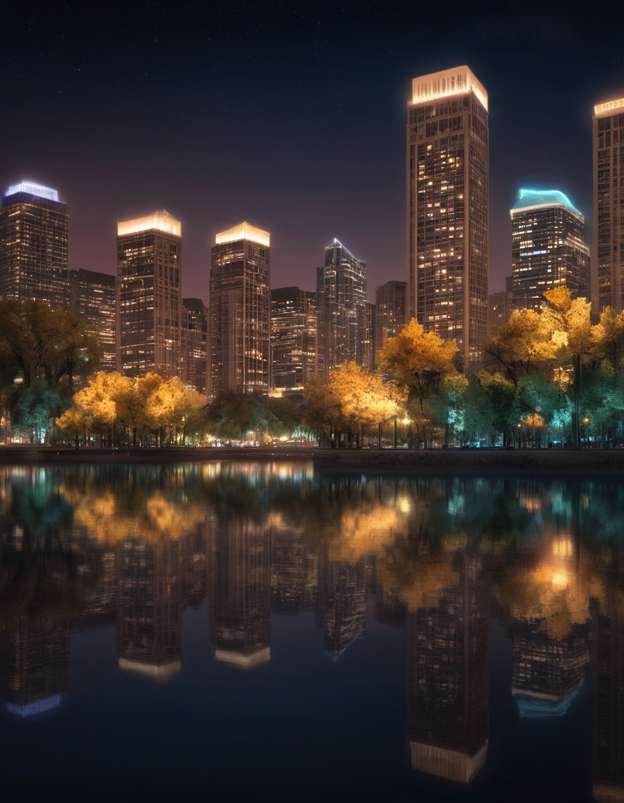 city lights, night scene, urban landscape, tranquil waters, skyline, nature, city