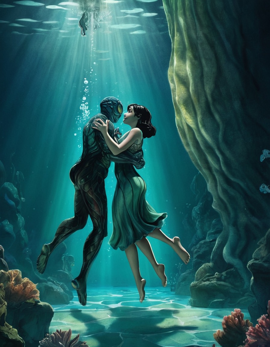 the shape of water, 2017, movie, painted scene, romance, fantasy, guillermo del toro