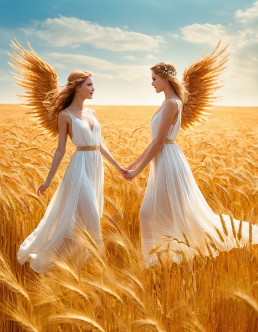 heaven, angels, golden wheat fields, religious, divine beings, afterlife, eternal peace