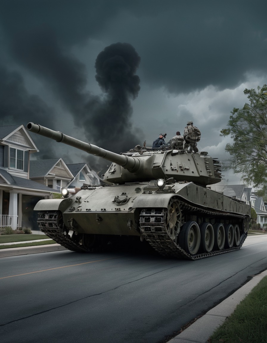 tank, military vehicle, suburban neighborhood, residents, shock, war, usa