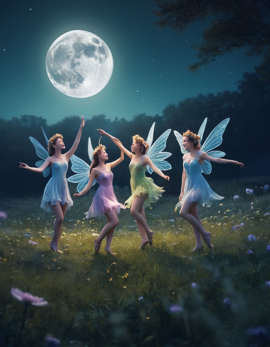 fairies, dancing, moonlit, meadow, magical