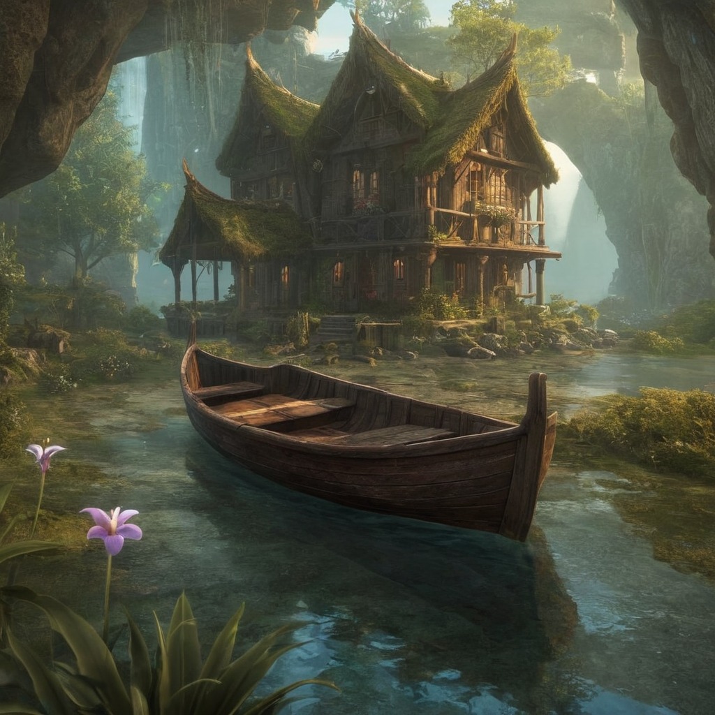 bayou, boat, dreamscape, flowers, house, landscape, lily, moss, scenery, swamp, trees, water