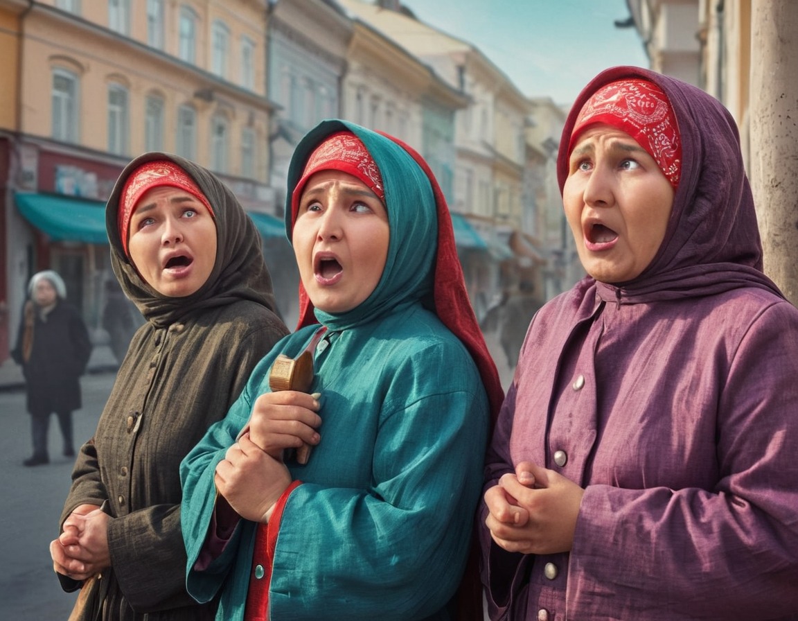 russian culture, babushkas, gossip, street corner, exaggerated expressions, russia, russians