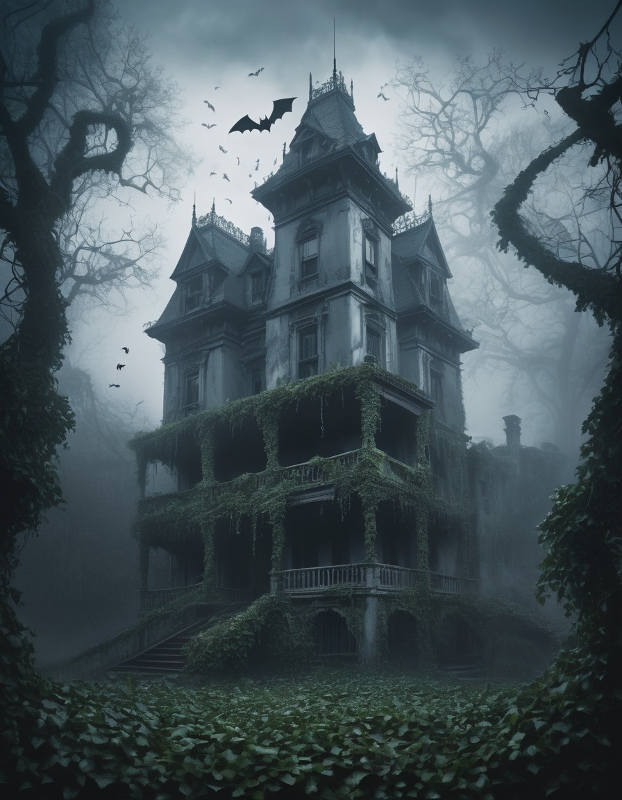 haunted mansion, fog, ivy, bats, gothic, underground, dark