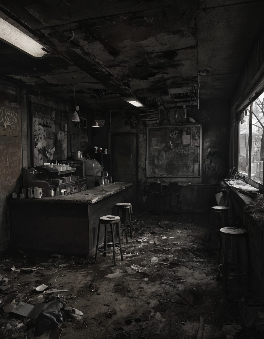 coffee shop, abandoned, urban decay, cityscape, city life