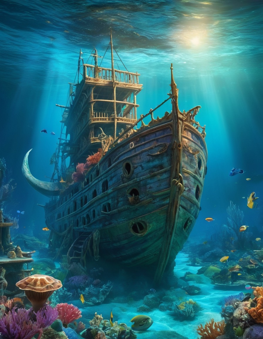 sunken shipwreck, mermaids, sea creatures, fantasy, underwater realm