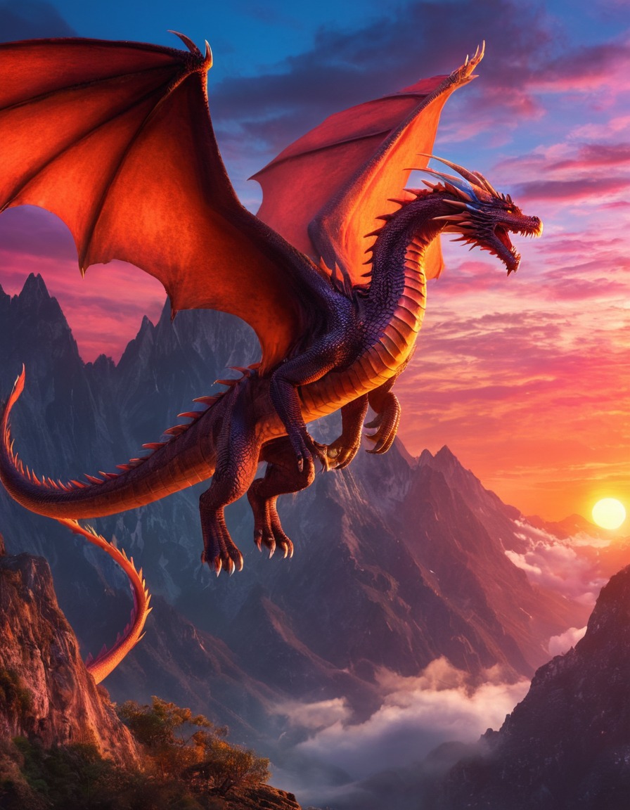 fantasy, dragon, sky, sunset, majestic