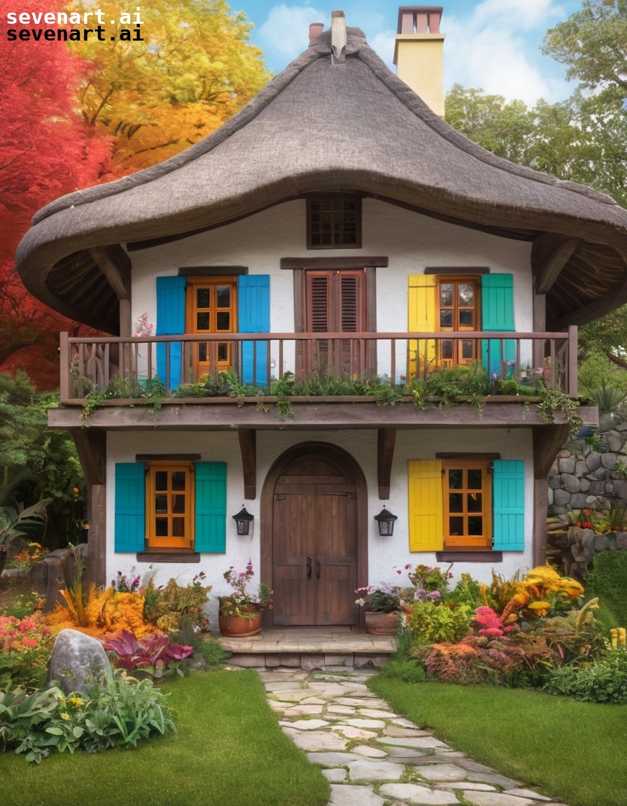 whimsical, fairy-tale, house, thatched roof, colorful shutters, home