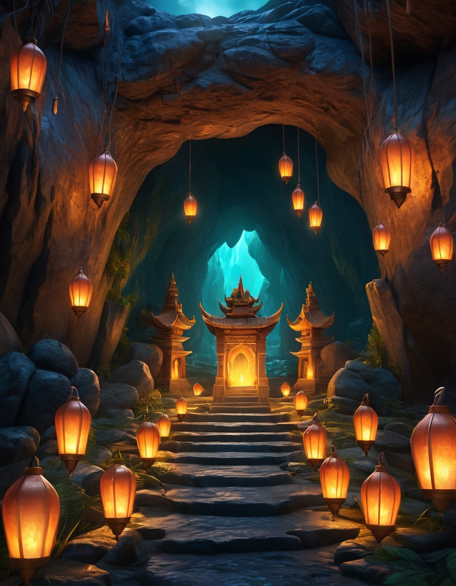 cave, lanterns, underground kingdom, mythical beings, fantastic