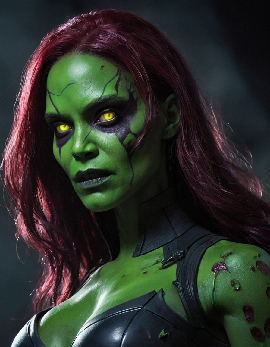 gamora, zombie, glowing eyes, shadows, marvel comics, marvel