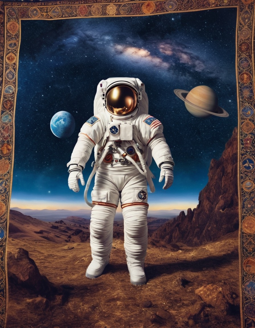 astronaut, cosmos, medieval tapestry, exploration, medieval, art