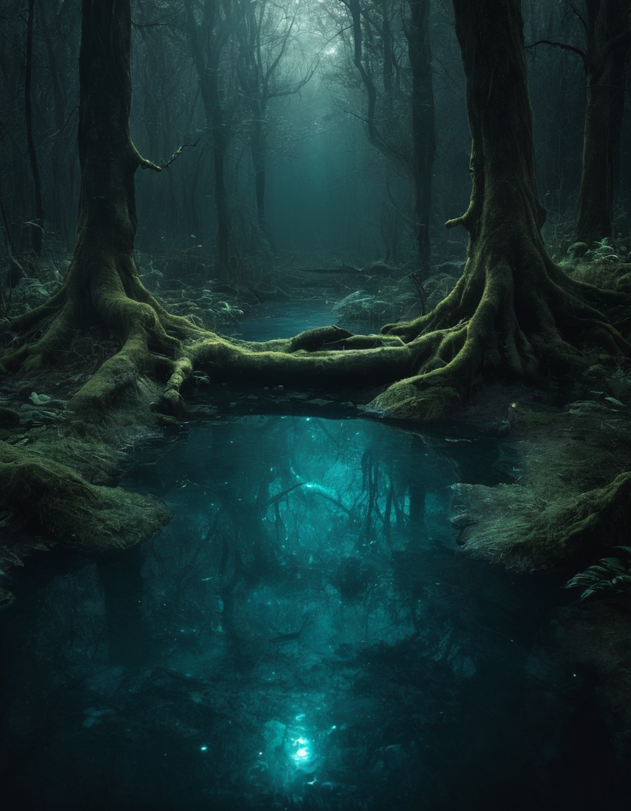 mystical, hidden forest clearing, shimmering pool, water, nature, magic