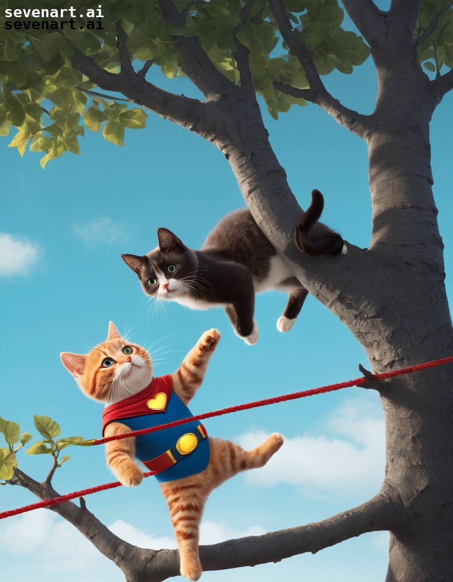 superhero, rescue, cat, tree, tightrope, hero