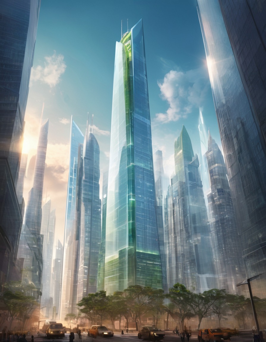 cityscape, skyscrapers, smart glass, renewable energy, technology