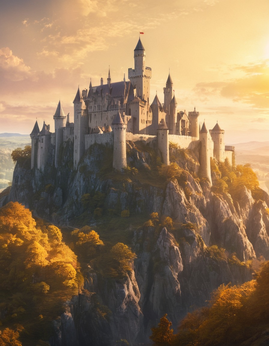 medieval, castle, majestic, sunlight, golden