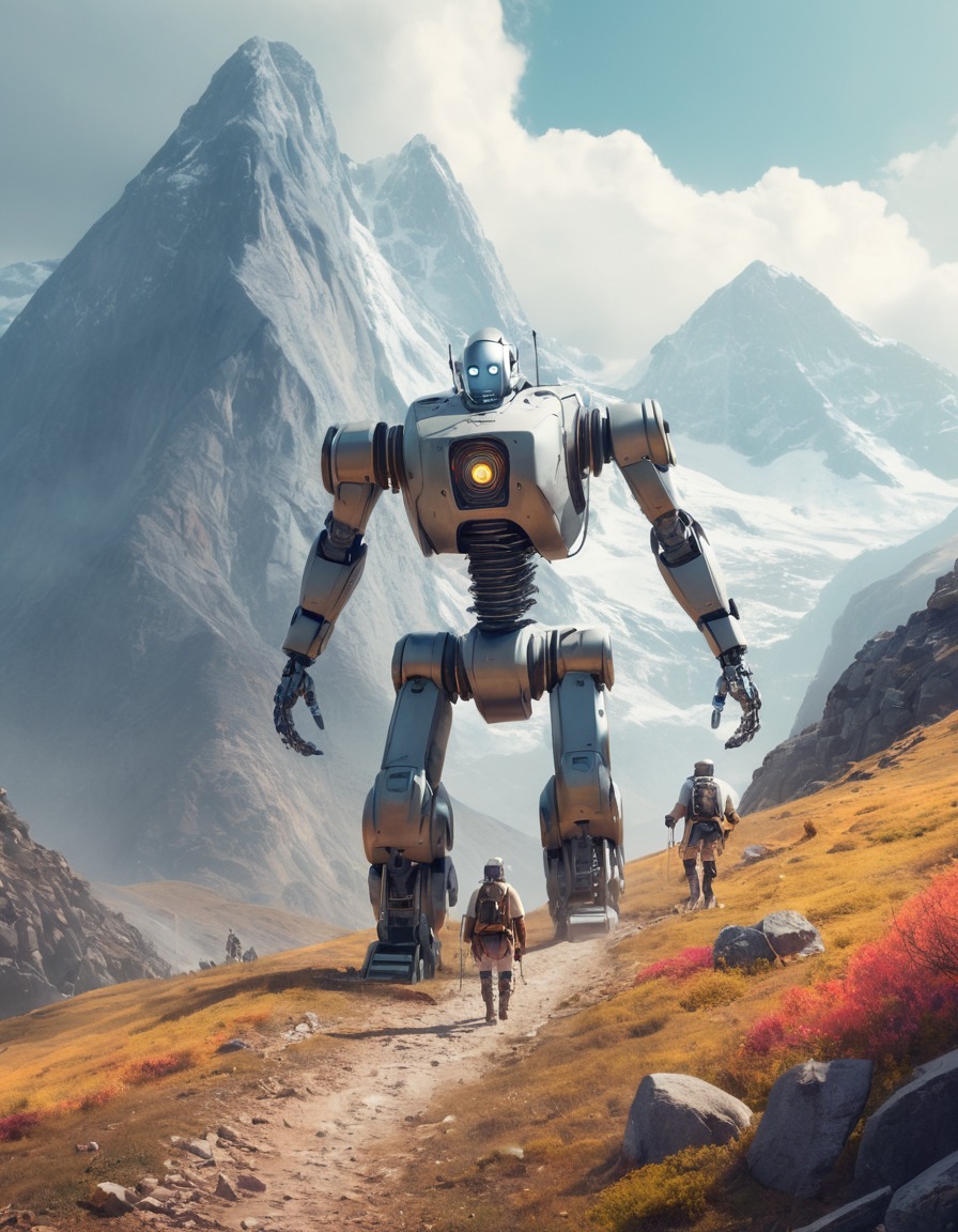 robot, hiking, technology, outdoor adventure, mountain landscape, robots