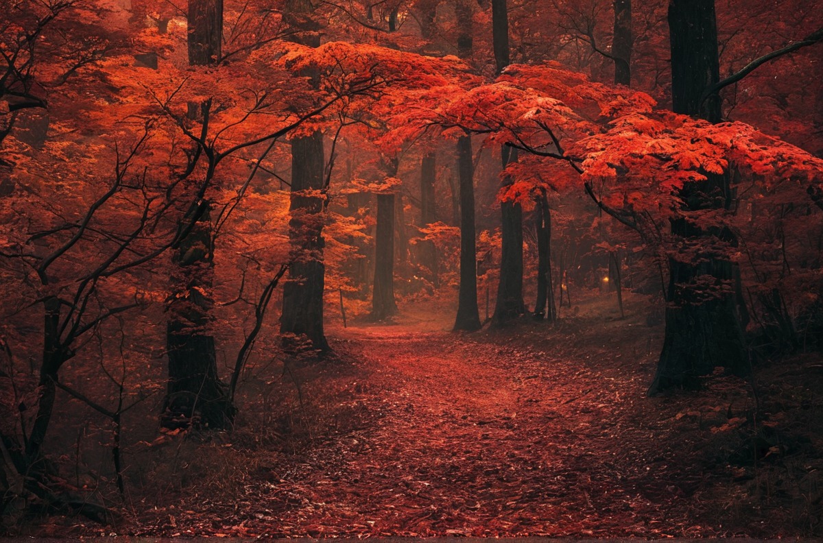 autumn, fall, forest, nature, red, trees, photography