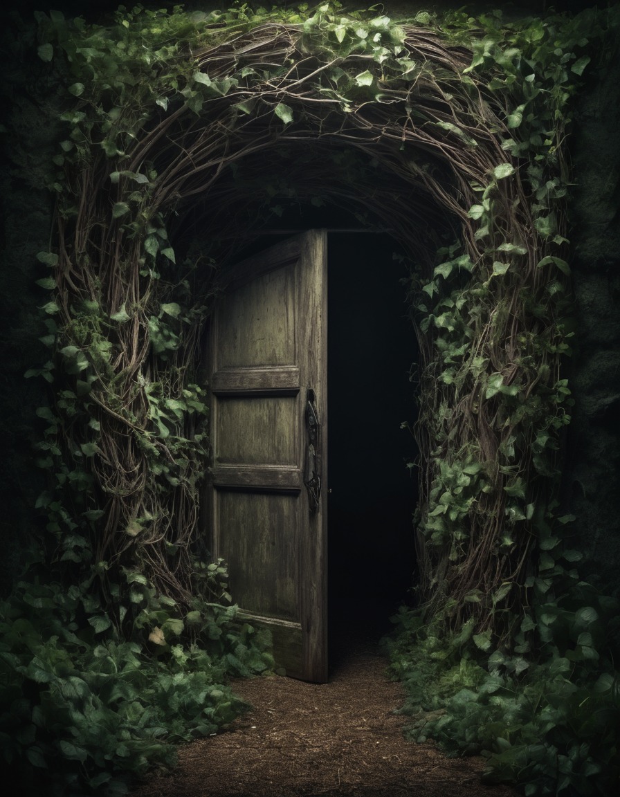 mystical, garden, doorway, vines