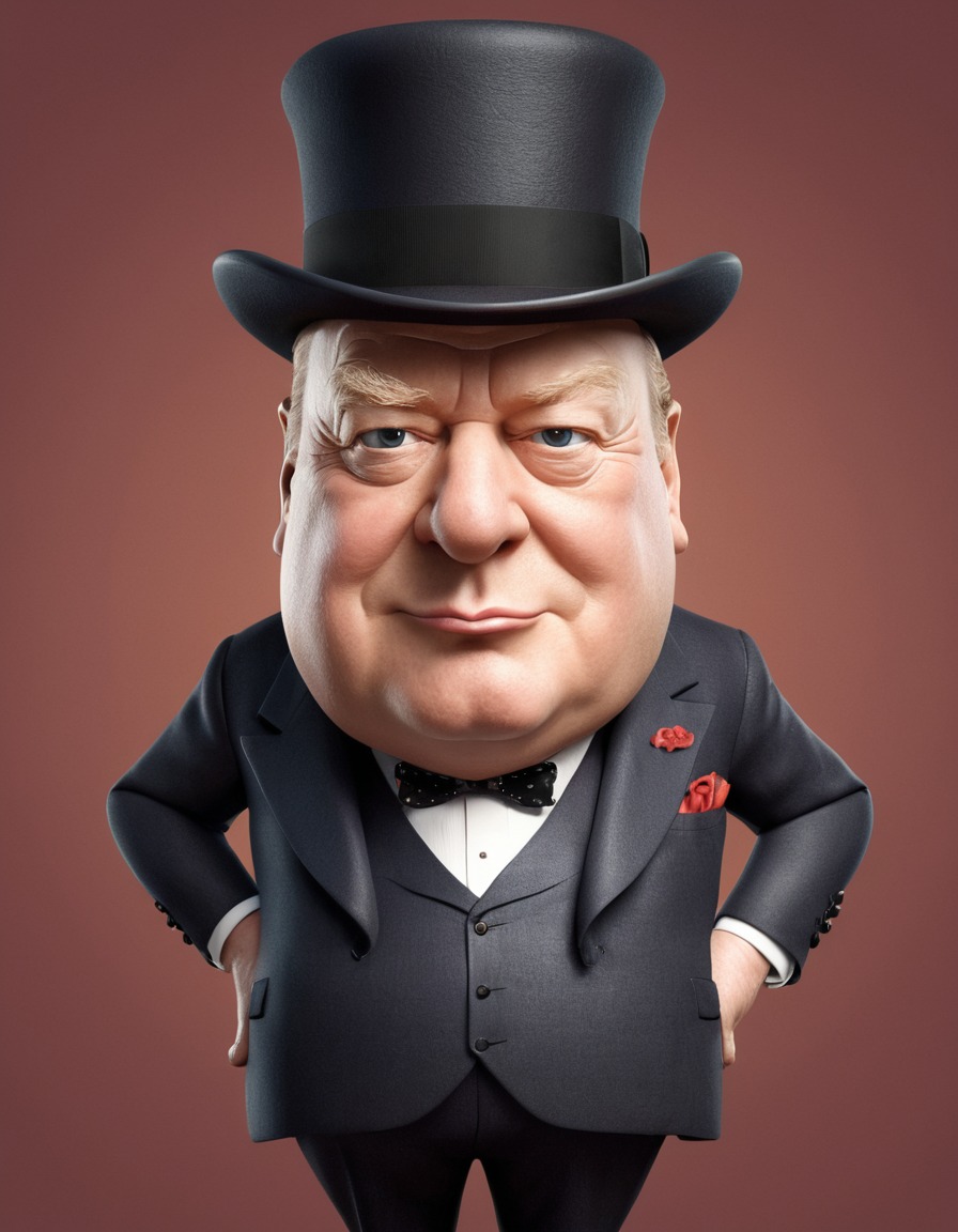 winston churchill, caricature, exaggerated features, whimsical, humor, funny