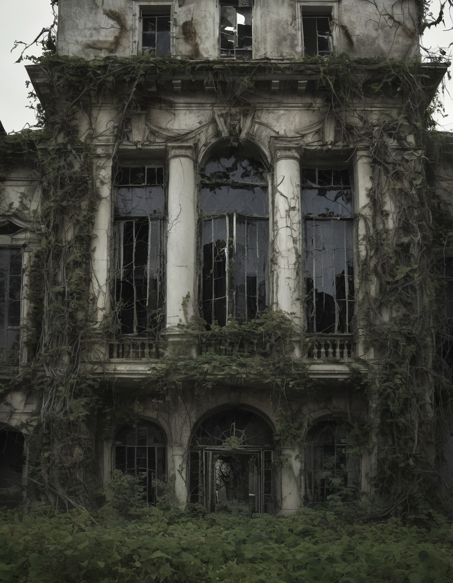 mansion, decrepit, abandoned, overgrown vines, haunted house, gothic, underground, dark