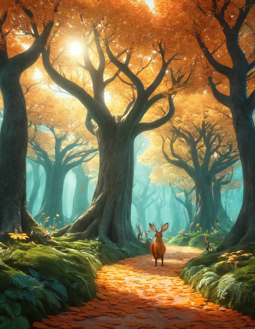 forest, mystical, glowing leaves, whimsical creatures, fantasy, fantastic