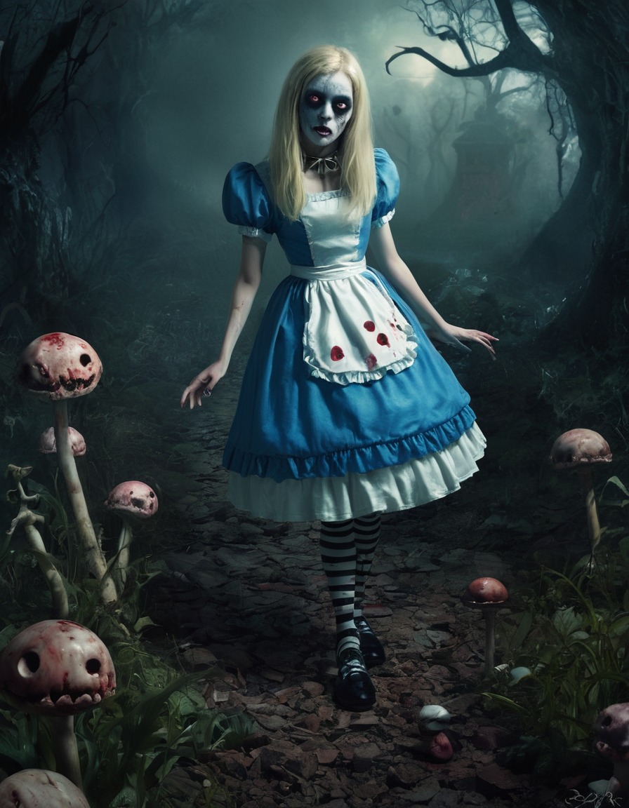 alice, zombie, wonderland, whimsical, eerie