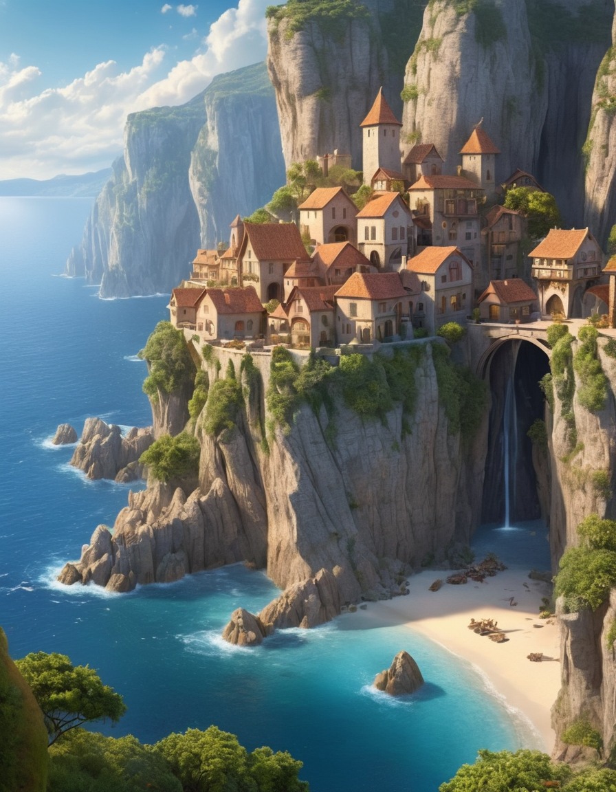 village, cliff, architecture, enchanting, inhabitants., fantastic